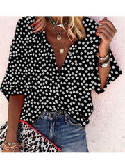 Women v neck button printed wave pot blouses
