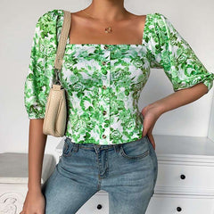 Fashion Print Square collar Half sleeve Blouses