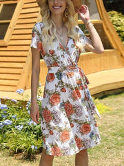 Fashion Print V neck Lacing Short sleeve Skater Dresses