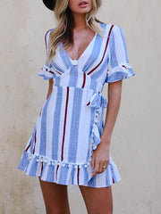 Chic Women stripe printed deep v neck mini shift dresses
