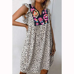 Fashion Casual Print V neck Falbala Shift Dresses