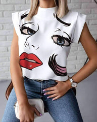 Fashion Print Stand collar Short sleeve Blouses
