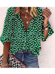 Women v neck button printed wave pot blouses
