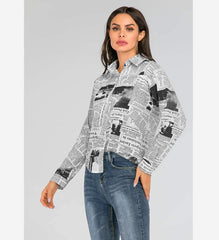 Fashion Paper Print Lapel Long sleeve Blouses