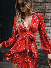Deep V-neck Long Sleeves Falabala Bandage Mini Dress