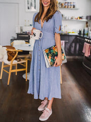 Elegant Plain V Neck Bowknot tie sleeve Big Hem Maxi Dresses