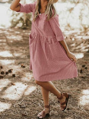 Round Neck Striped Pocket Loose Casual Dress