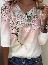 V neck printed fashion long sleeve women T-shirts