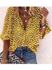 Women v neck button printed wave pot blouses