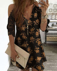 Fashion Print V neck Lace Off shoulder Short sleeve Shift Dresses