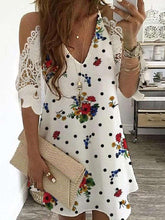 Fashion Print V neck Lace Off shoulder Short sleeve Shift Dresses