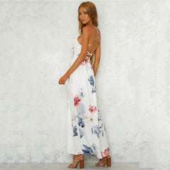 Fashion Print V neck Lacing Vent Sleeveless Backless Maxi Dresses