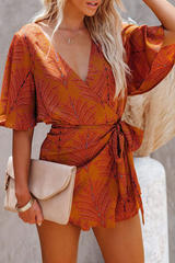 Fashion Elegant Print Backless With Belt V Neck Jumpsuits