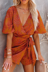 Fashion Elegant Print Backless With Belt V Neck Jumpsuits