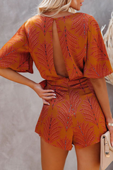 Fashion Elegant Print Backless With Belt V Neck Jumpsuits