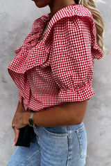 Casual Plaid Split Joint Flounce V Neck Tops Blouses
