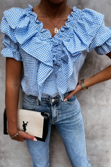 Casual Plaid Split Joint Flounce V Neck Tops Blouses