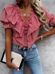 Casual Plaid Split Joint Flounce V Neck Tops Blouses