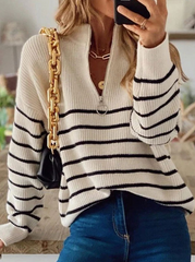 Sexy Striped Zipper Zipper Collar Tops Sweater(3 Colors)