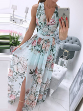 Elegant Floral Slit Fold V Neck Waist Skirt Dresses