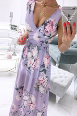 Elegant Floral Slit Fold V Neck Waist Skirt Dresses