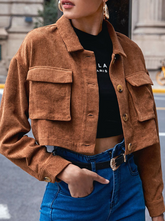 Street Solid Pocket Buckle Turndown Collar Outerwear Jackets