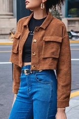 Street Solid Pocket Buckle Turndown Collar Outerwear Jackets