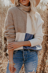 Casual Patchwork Contrast Turtleneck Tops