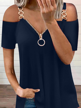 Casual Solid Chains Zipper V Neck T-Shirts