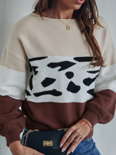 Casual Leopard Split Joint Contrast O Neck Tops