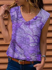 Women v neck map printed sleeveless shirts fashion vests