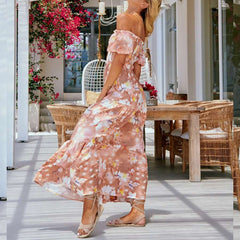 Casual Print One shoulder Short sleeve Maxi Dresses