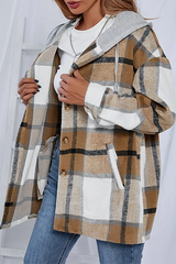 Casual Plaid Draw String Buckle Hooded Collar Outerwear