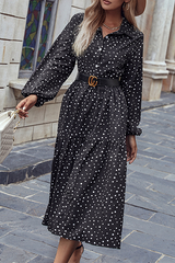 Elegant Polka Dot Buckle Fold Turndown Collar A Line Dresses (Without Belt)