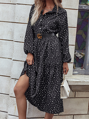 Elegant Polka Dot Buckle Fold Turndown Collar A Line Dresses (Without Belt)