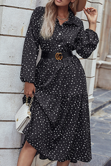 Elegant Polka Dot Buckle Fold Turndown Collar A Line Dresses (Without Belt)