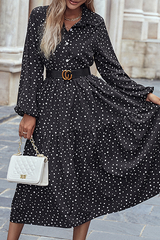 Elegant Polka Dot Buckle Fold Turndown Collar A Line Dresses (Without Belt)