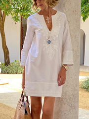 White Floral-Print Long Sleeve V Neck Dresses