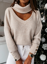 Fashion Elegant Solid Hollowed Out Buttons Turtleneck Tops(3 Colors) Sweaters