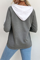 Casual Patchwork Lace Draw String Contrast Hooded Collar Tops