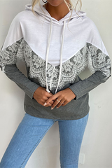 Casual Patchwork Lace Draw String Contrast Hooded Collar Tops