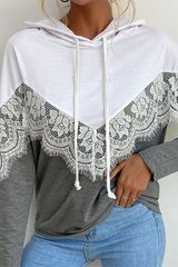 Casual Patchwork Lace Draw String Contrast Hooded Collar Tops