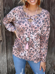 Casual Leopard Hollowed Out Split Joint V Neck T-shirts