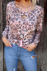 Casual Leopard Hollowed Out Split Joint V Neck T-shirts
