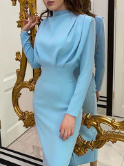 Solid Pleated Mock Neck Slim Dress