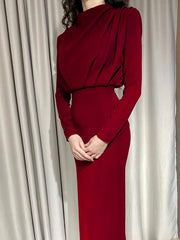 Solid Pleated Mock Neck Slim Dress