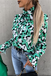 Fashion Elegant Print Flounce Strap Design Stringy Selvedge Collar Tops Blouses