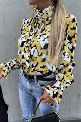 Fashion Elegant Print Flounce Strap Design Stringy Selvedge Collar Tops Blouses