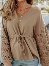 Casual Solid Lace Frenulum Buckle V Neck Tops T-shirts