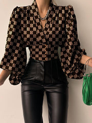 Allover Print Button Front Lantern Sleeve Blouse